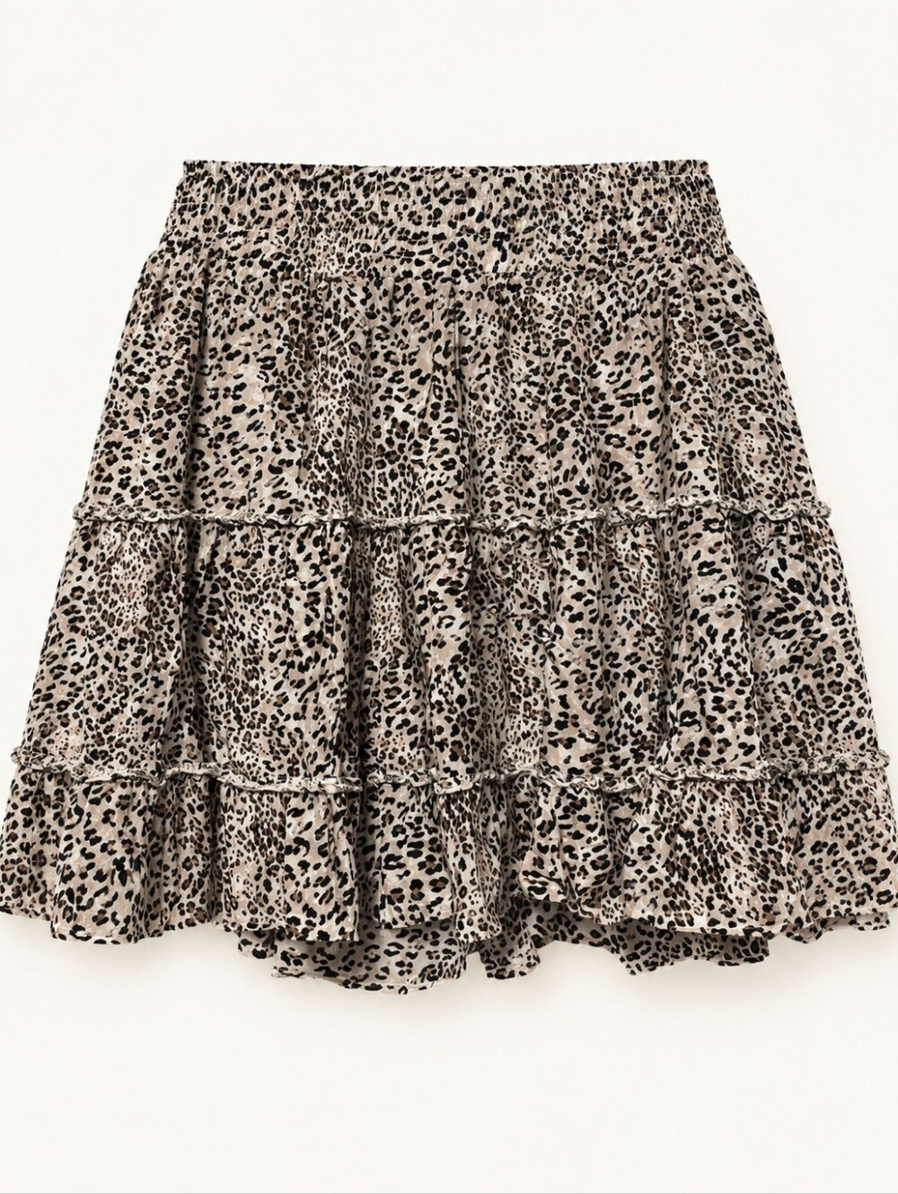ENTRO Leopard Print Tiered Ruffle Mini Skirt Elastic Waist Fully Lined Size M